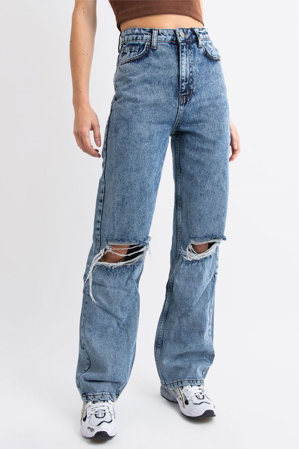 Högmidjade Slitna Jeans - Denim Straight Leg Dark Blue